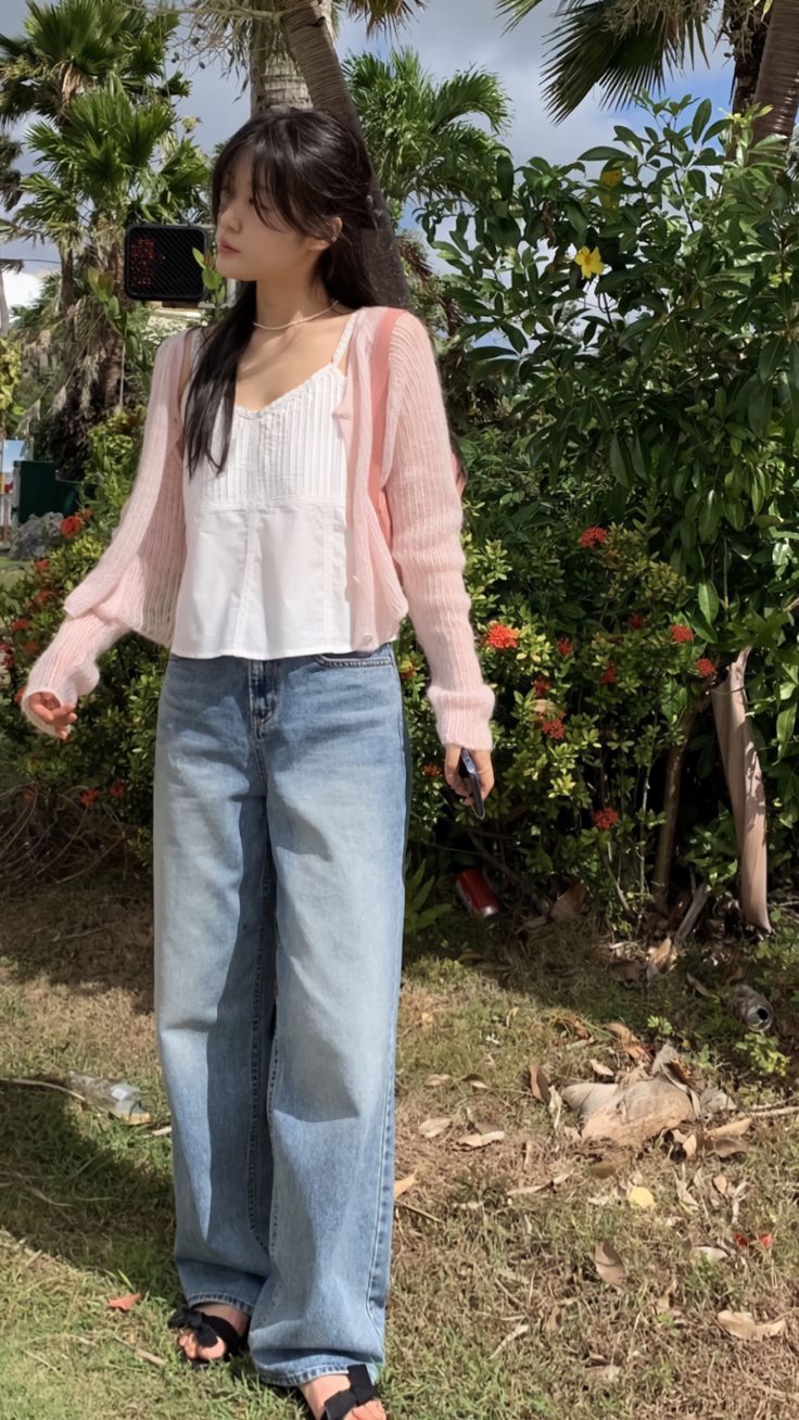 Pink Cardigan with White Top and Jeans